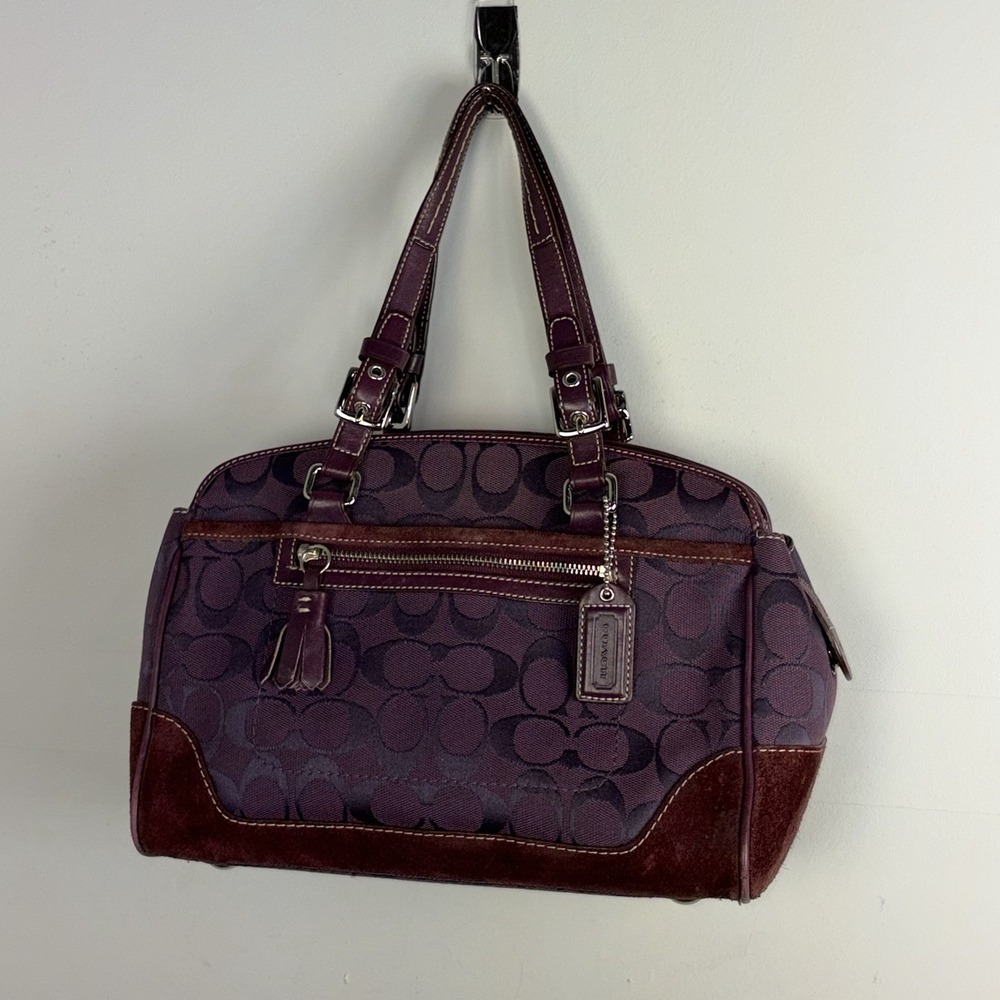 Vtg 2004 Y2K Coach Signature Boston Satchel Bag Purple Jacquard Suede Plum Boho